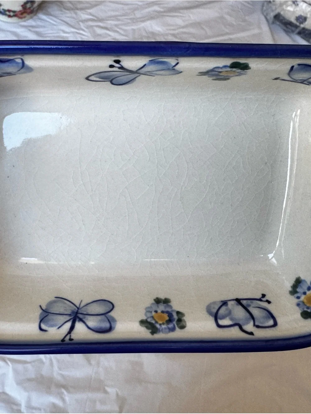 Vintage Polish Pottery Unikat Ceramic Butterfly Baking Dish in Blue